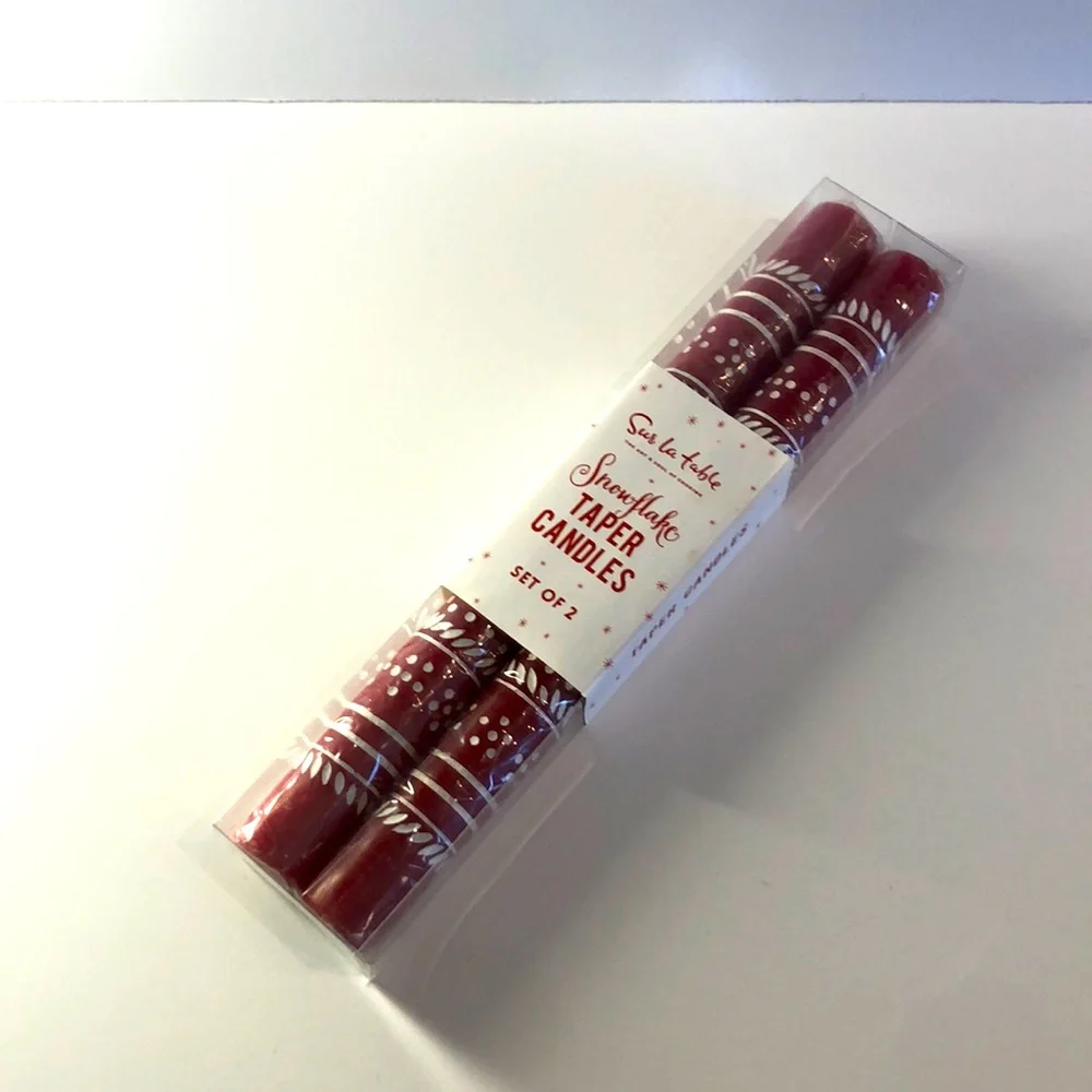Set of (2)Red Taper Candles with Snowflake Pattern